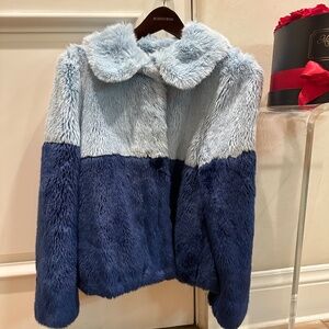 Faux fur coat in light and dark blue, size small, Alice Olivia